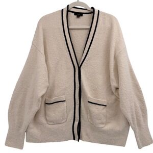 J. Crew Cotton Blend Boucle V-Neck Sweater‎ 2X Cream Navy Heritage Prep Academia